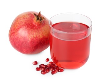 Photo of Refreshing pomegranate juice in glass, seeds and fruit isolated on white