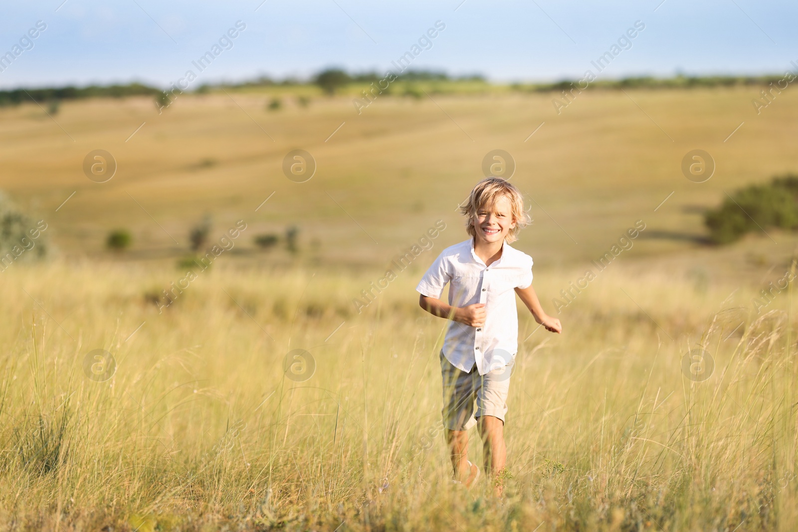 Photo of Cute little boy outdoors, space for text. Child spending time in nature