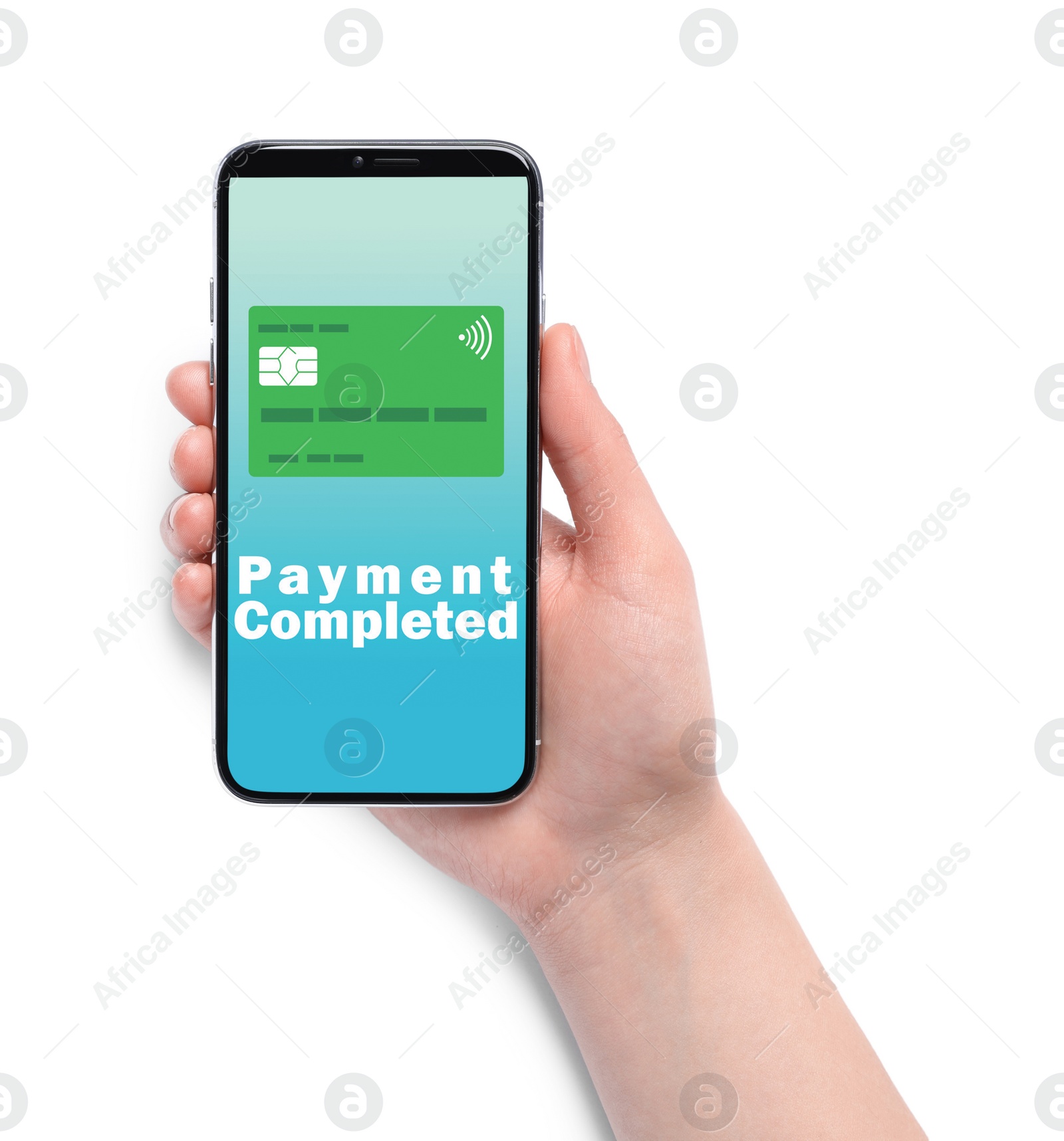 Image of Woman successfully made payment using online banking application on smartphone on white background, closeup
