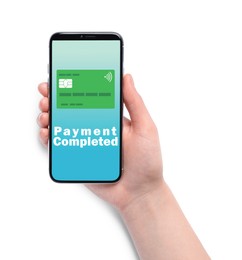 Woman successfully made payment using online banking application on smartphone on white background, closeup