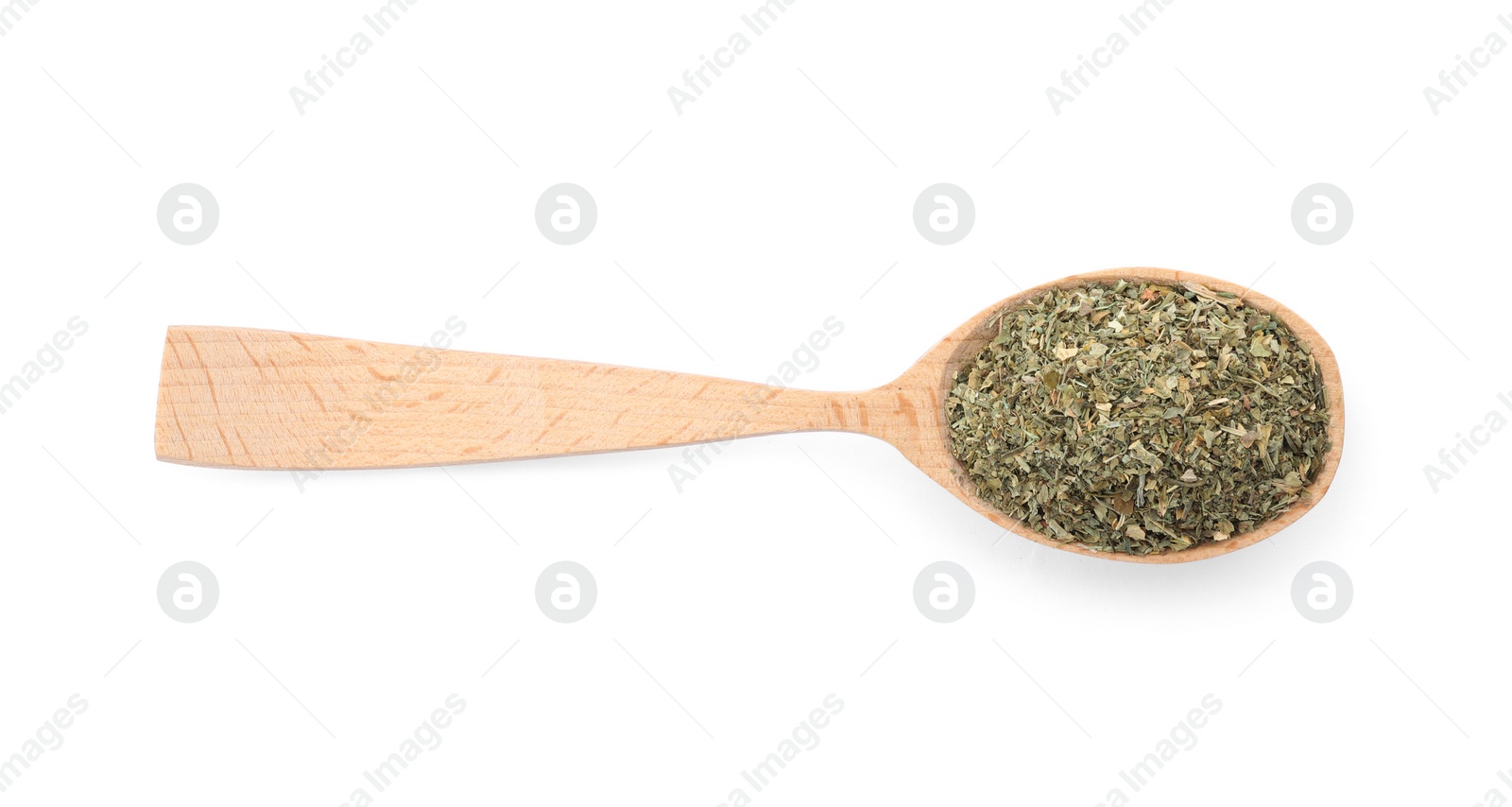 Photo of Spoon with dried parsley on white background, top view