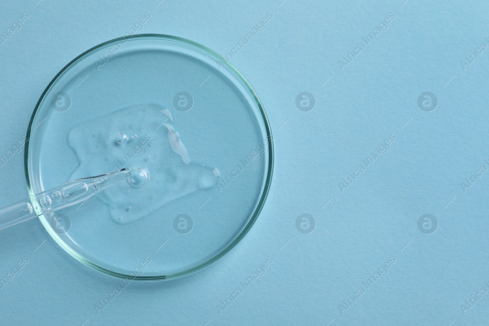 Photo of Petri dish with sample of cosmetic oil and pipette on light blue background, top view. Space for text