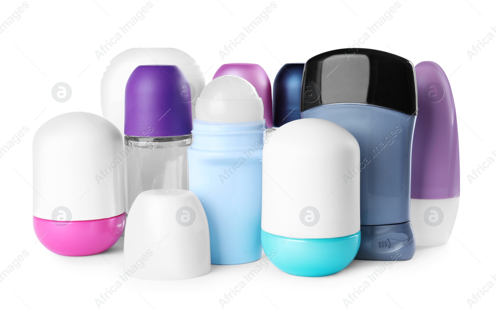 Photo of Different natural deodorants on white background. Skin care