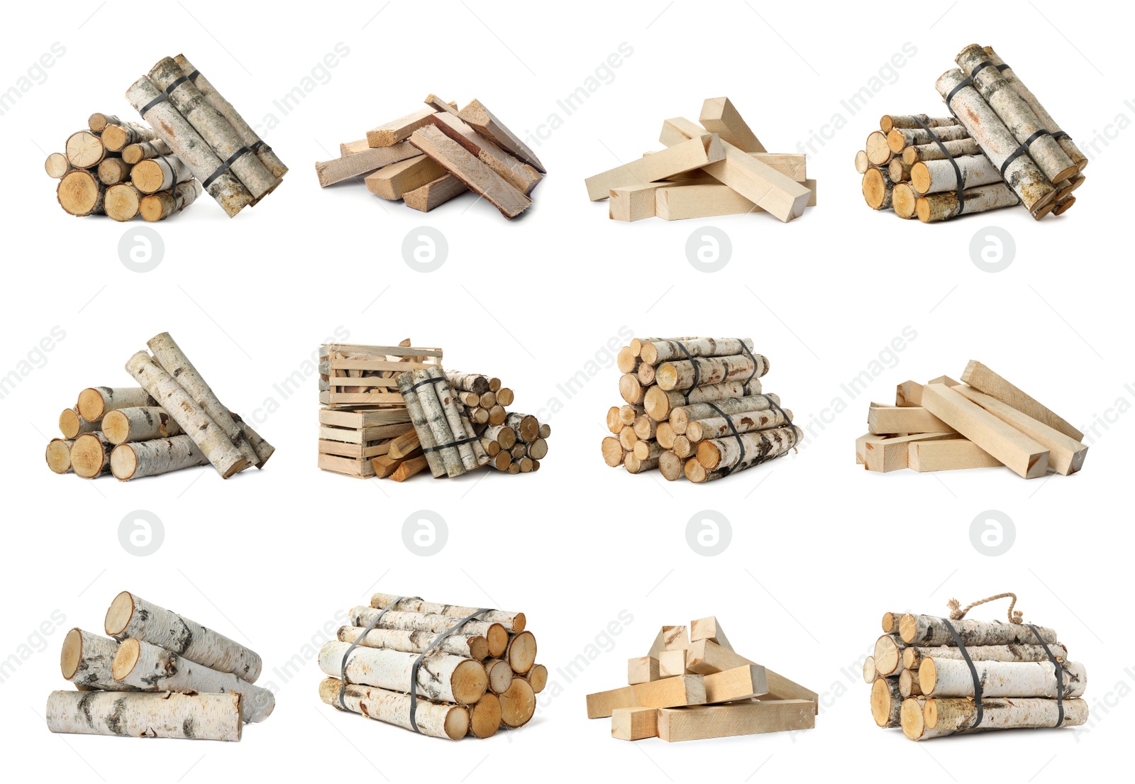 Image of Set of cut firewood bunches on white background