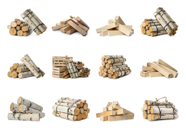 Set of cut firewood bunches on white background