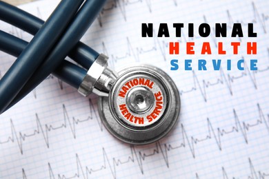 Image of National health service (NHS). Stethoscope on paper with cardiogram, top view