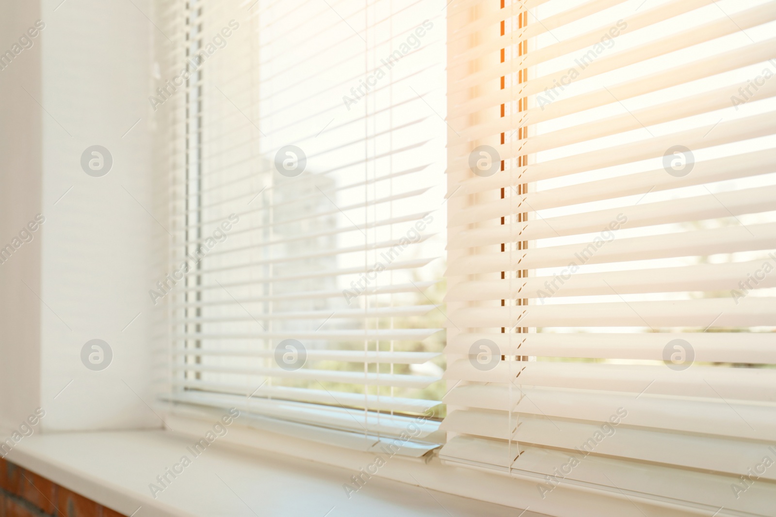 Image of Beautiful view through window with blinds on sunny day, closeup