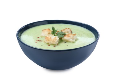 Photo of Delicious asparagus soup with croutons and parsley on white background