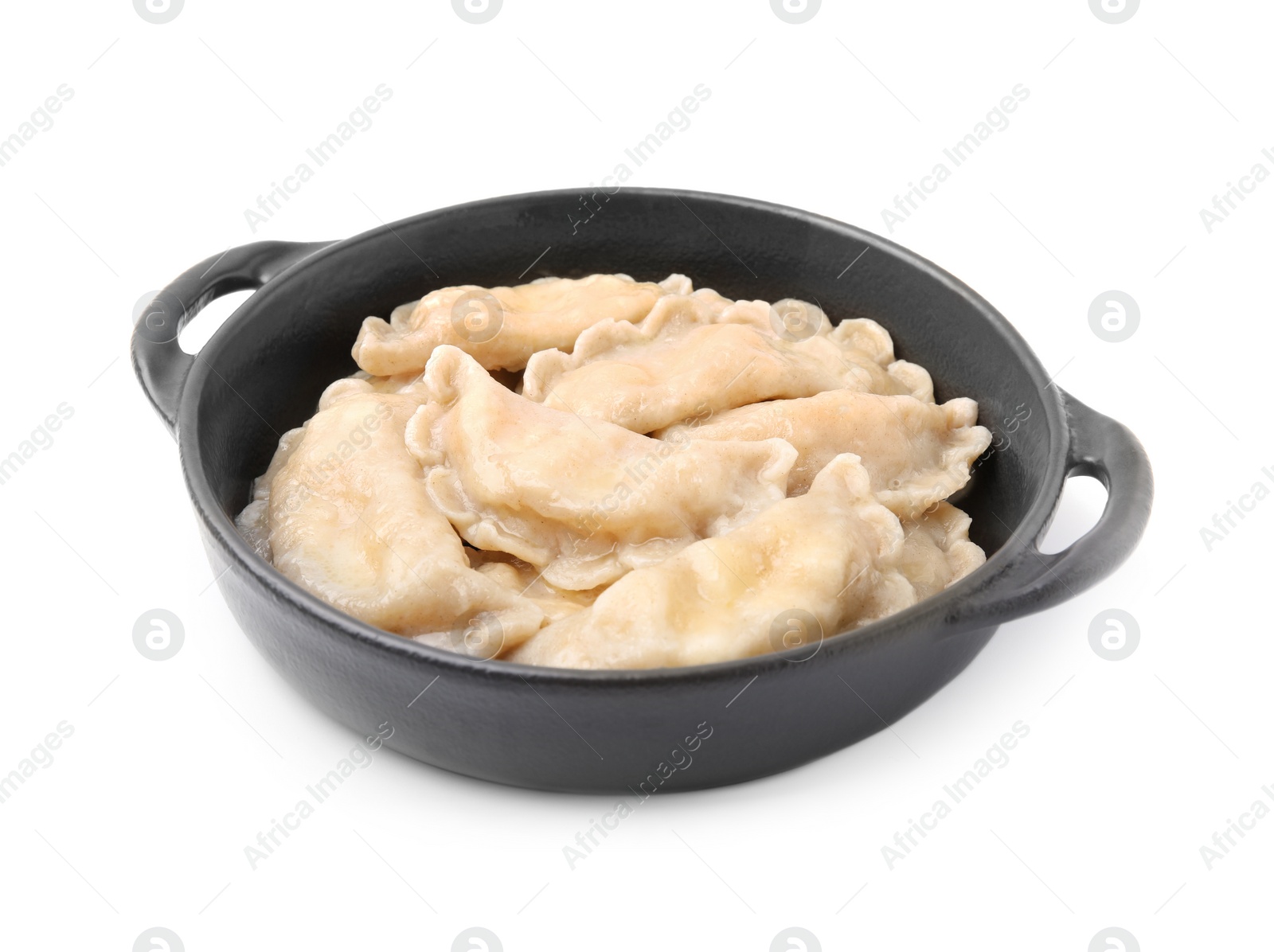 Photo of Bowl of delicious dumplings (varenyky) with cottage cheese isolated on white