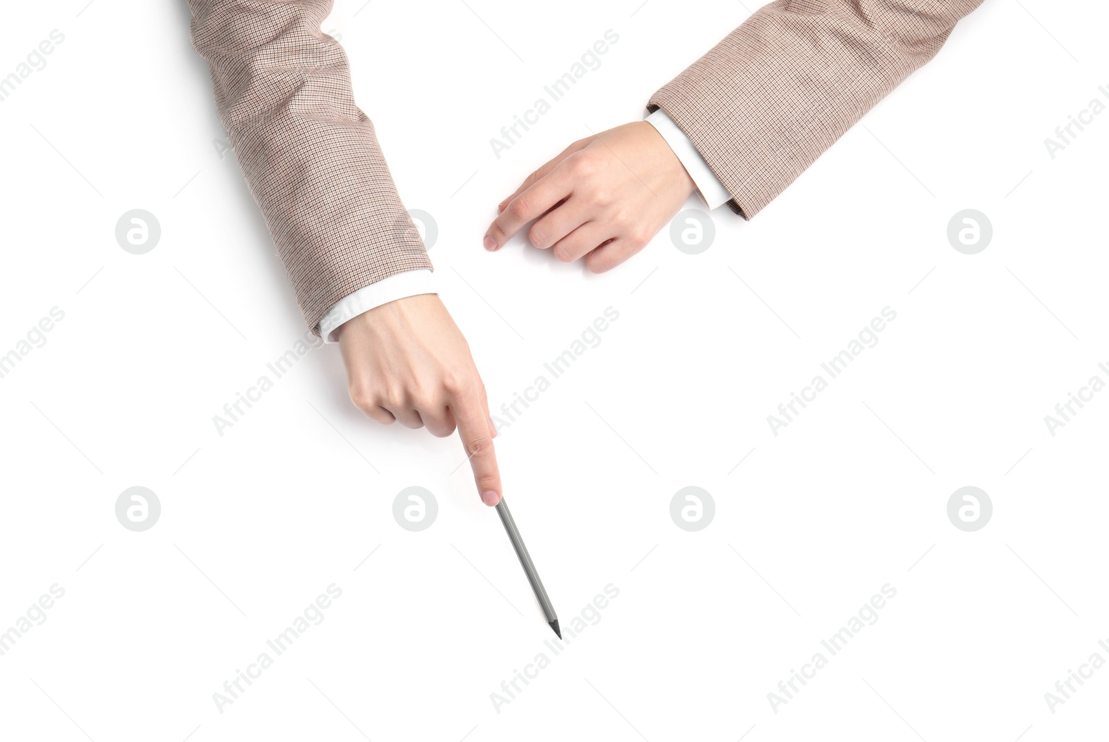 Photo of Woman with pencil on white background, top view. Closeup of hands