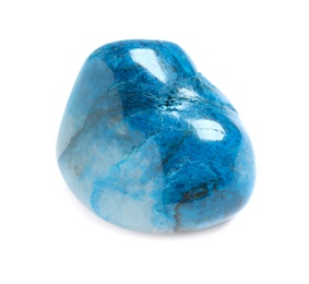 Photo of Beautiful blue shattuckite gemstone on white background