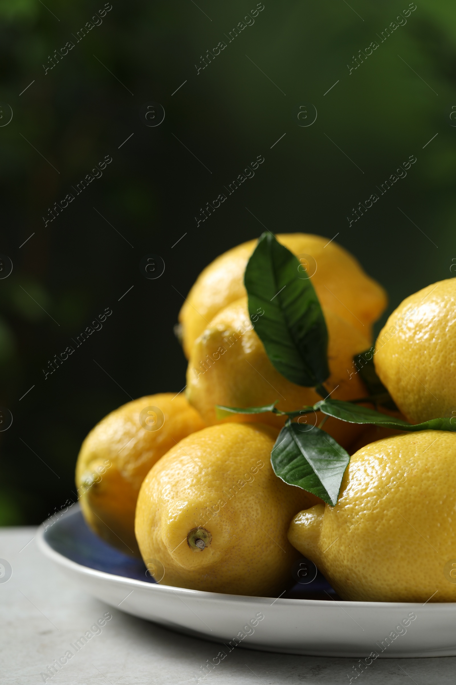 Photo of Fresh lemons and green leaves on table outdoors