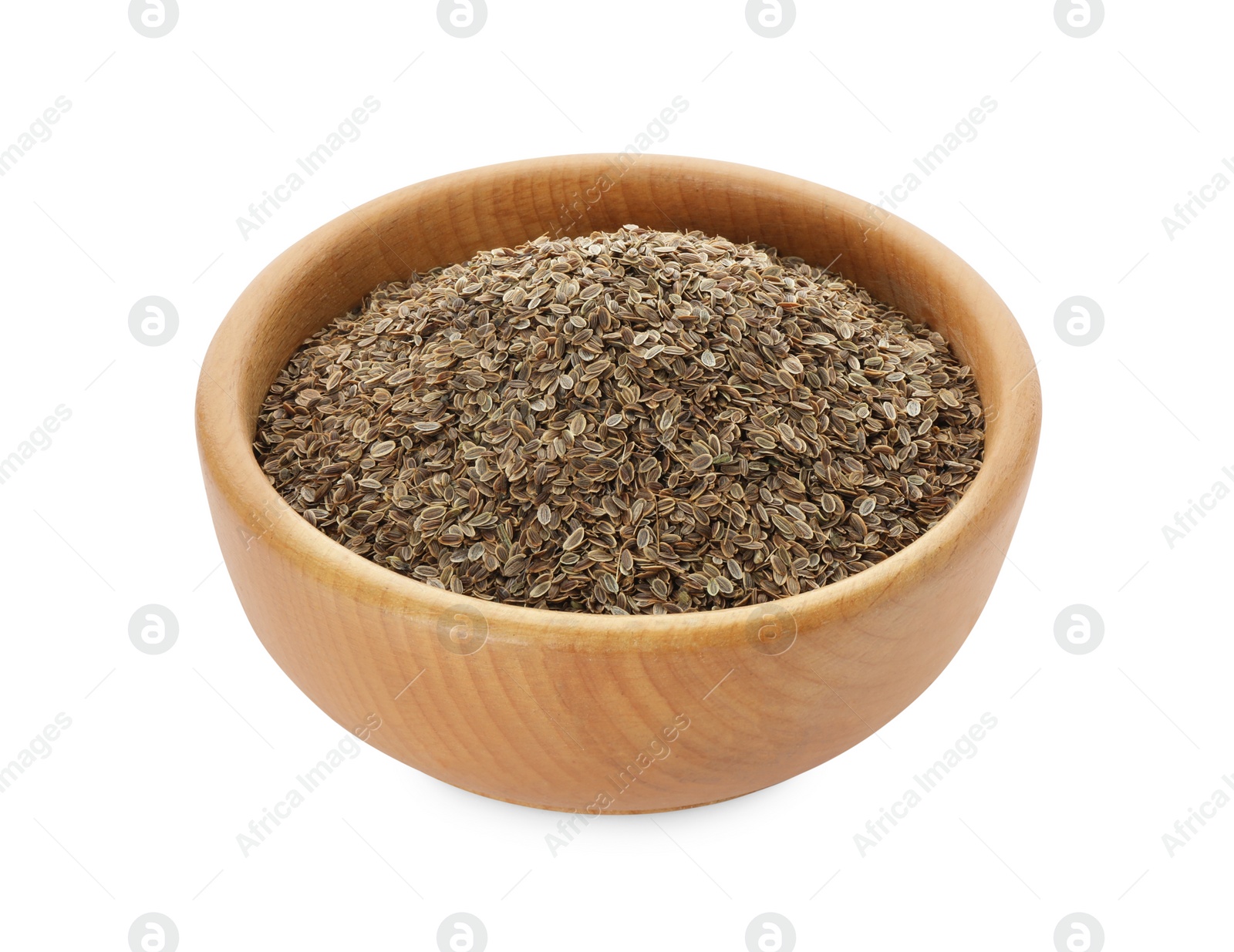 Photo of Bowl of dry dill seeds isolated on white