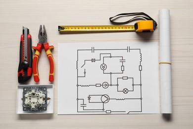 Photo of Wiring diagram and tools on white wooden table, flat lay