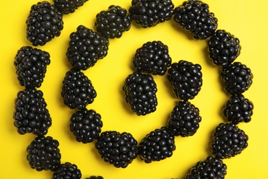 Flat lay composition with ripe blackberries on color background