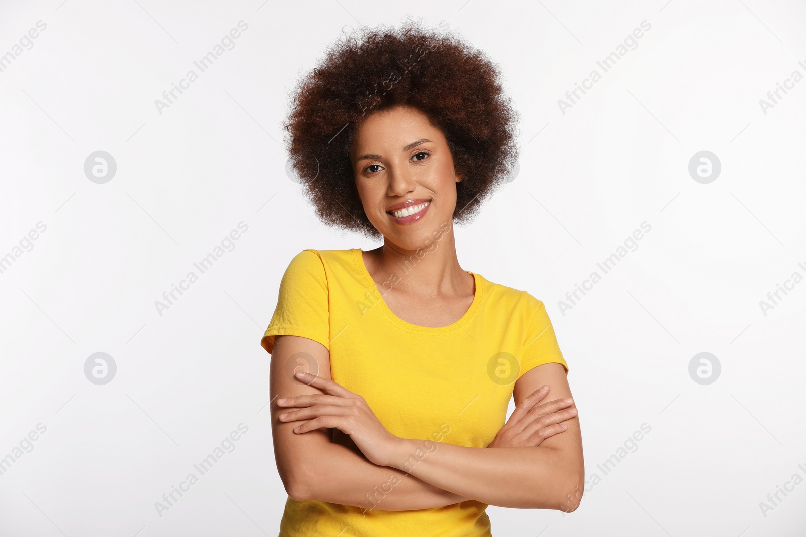 Photo of Portrait of beautiful young woman with glamorous makeup on white background