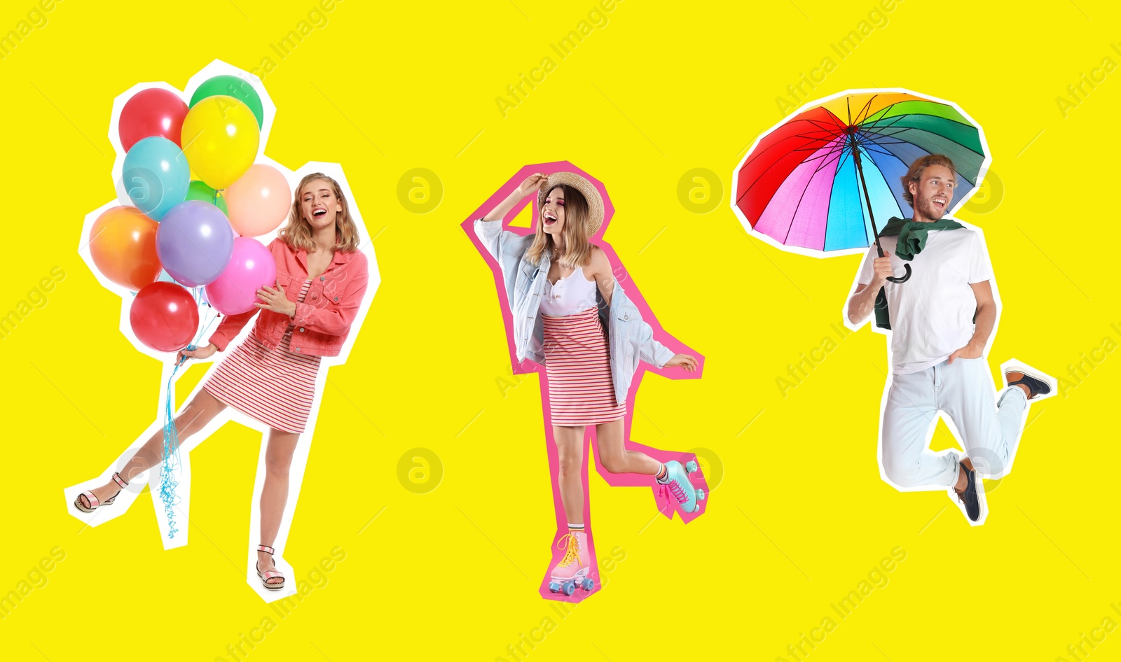 Image of Pop art poster. Happy women and man on yellow background. Banner design