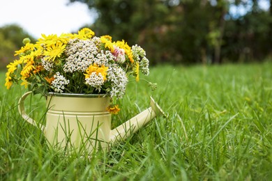 Photo of Pale yellow watering can with beautiful flowers on green grass outdoors, space for text