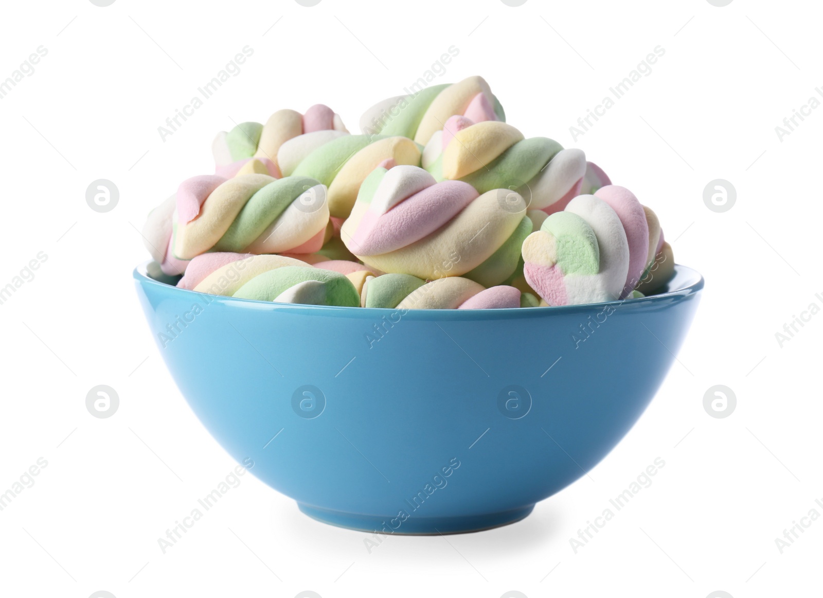 Photo of Delicious colorful marshmallows in bowl isolated on white