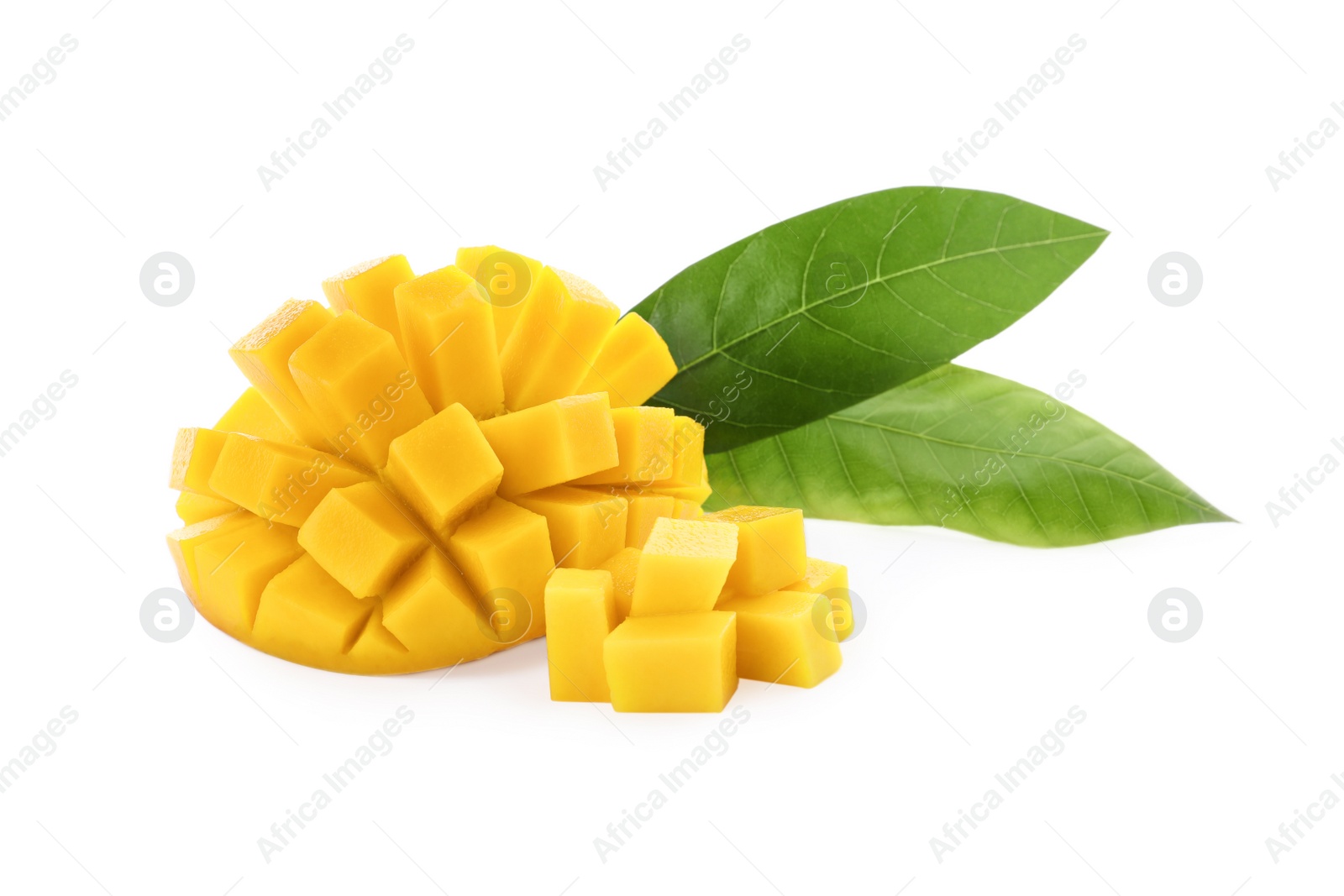 Photo of Cut ripe mango isolated on white. Exotic fruit