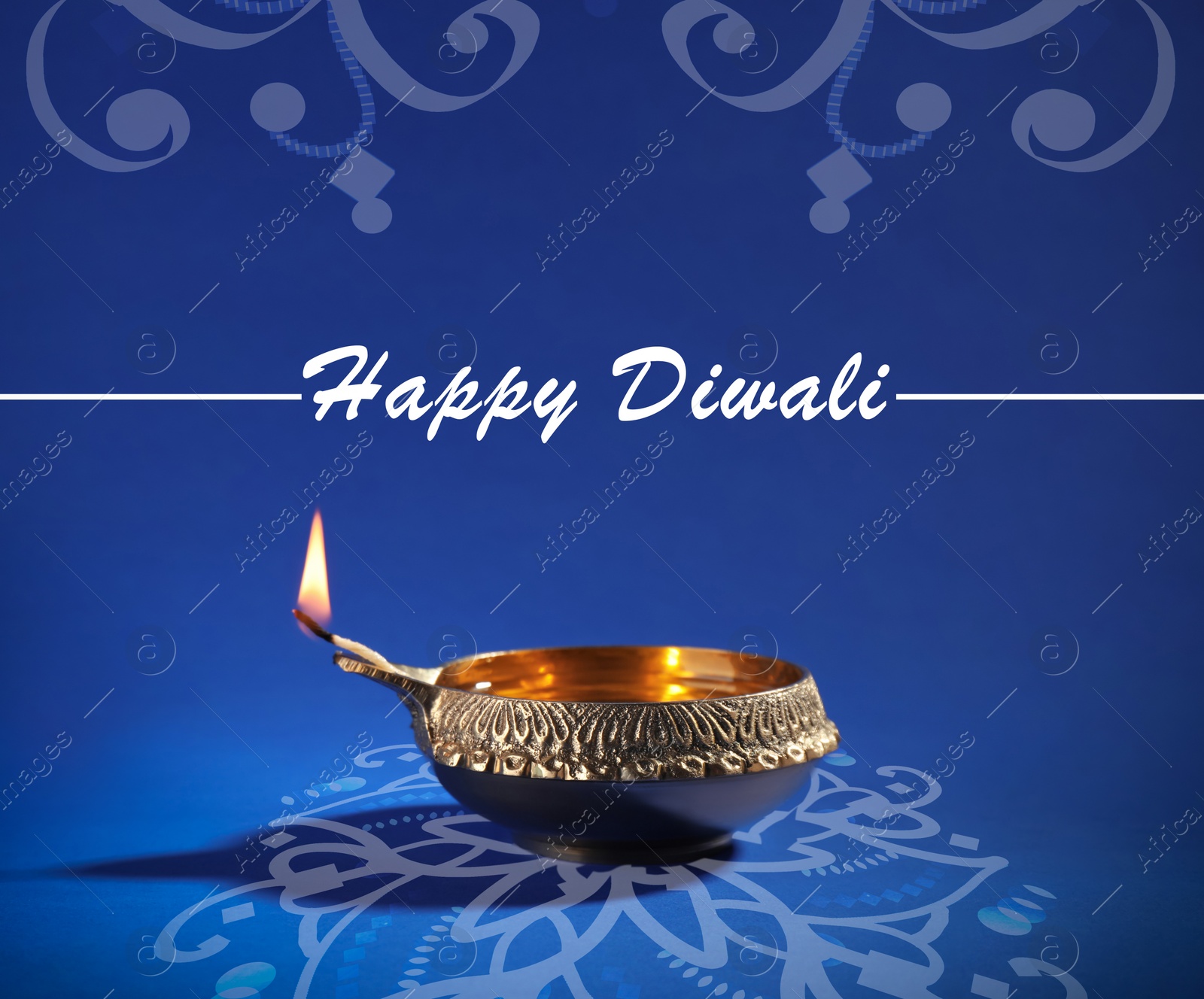 Image of Inscription Happy Diwali and clay lamp on color background