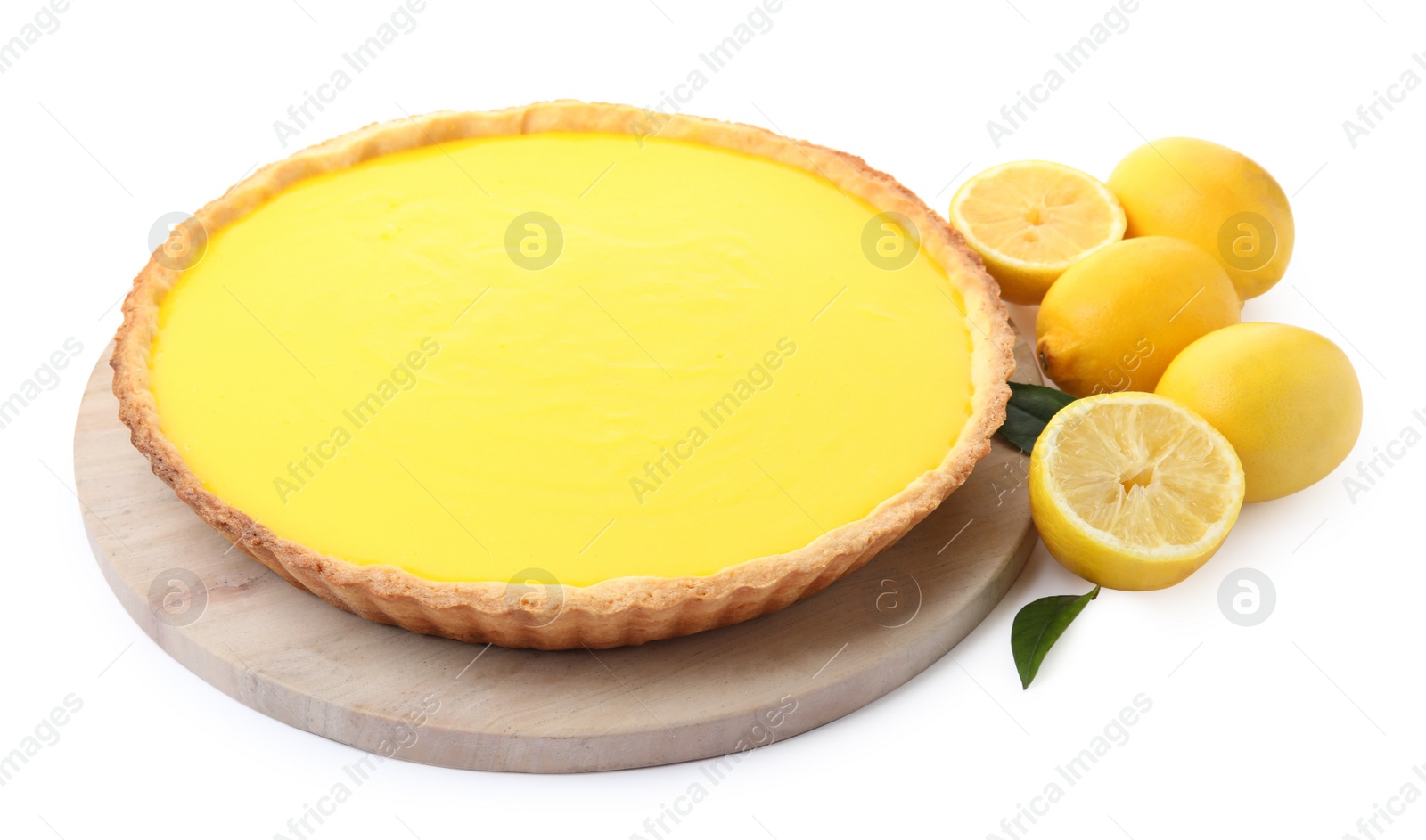 Photo of Delicious homemade lemon pie and fresh fruits on white background