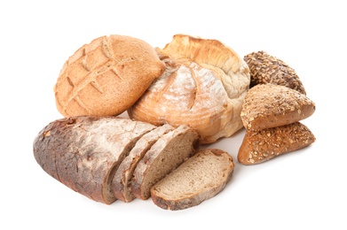 Photo of Different kinds of bread on white background