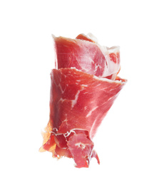 Photo of Roll of tasty prosciutto isolated on white