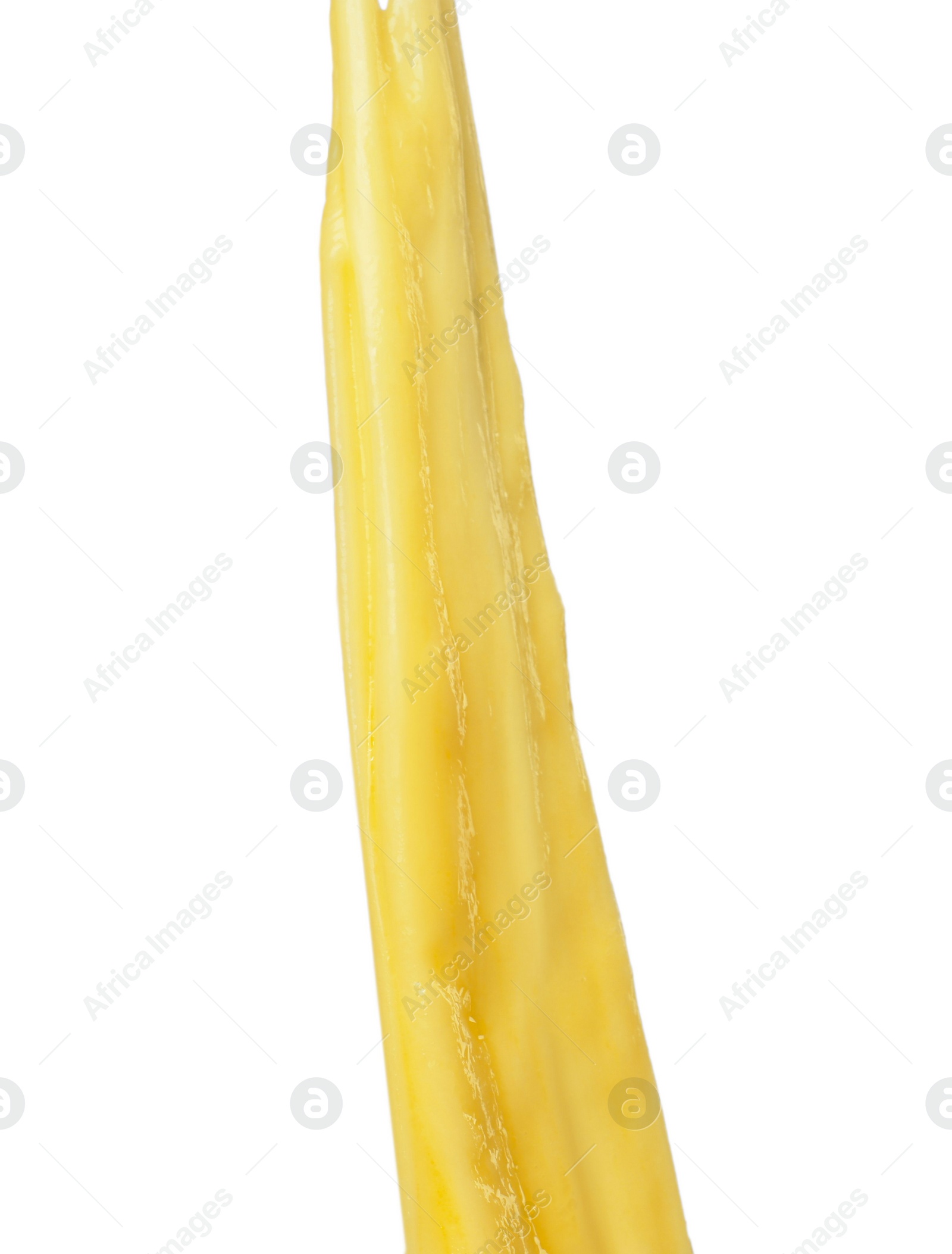 Photo of Stretching delicious melted cheese isolated on white