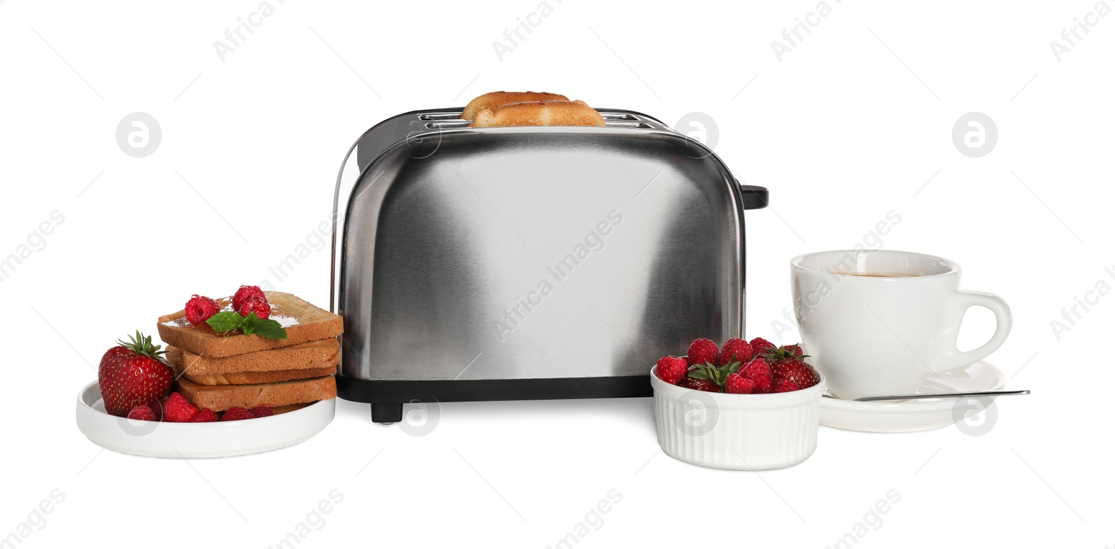 Photo of Toaster, roasted bread with berries and coffee on white background