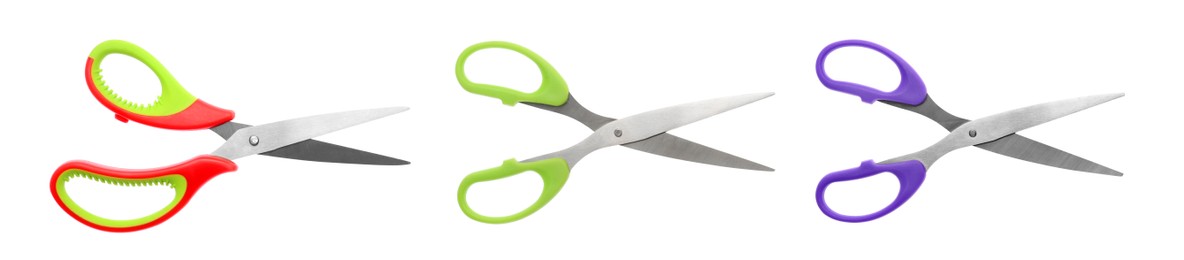 Image of Set with different scissors on white background. Banner design