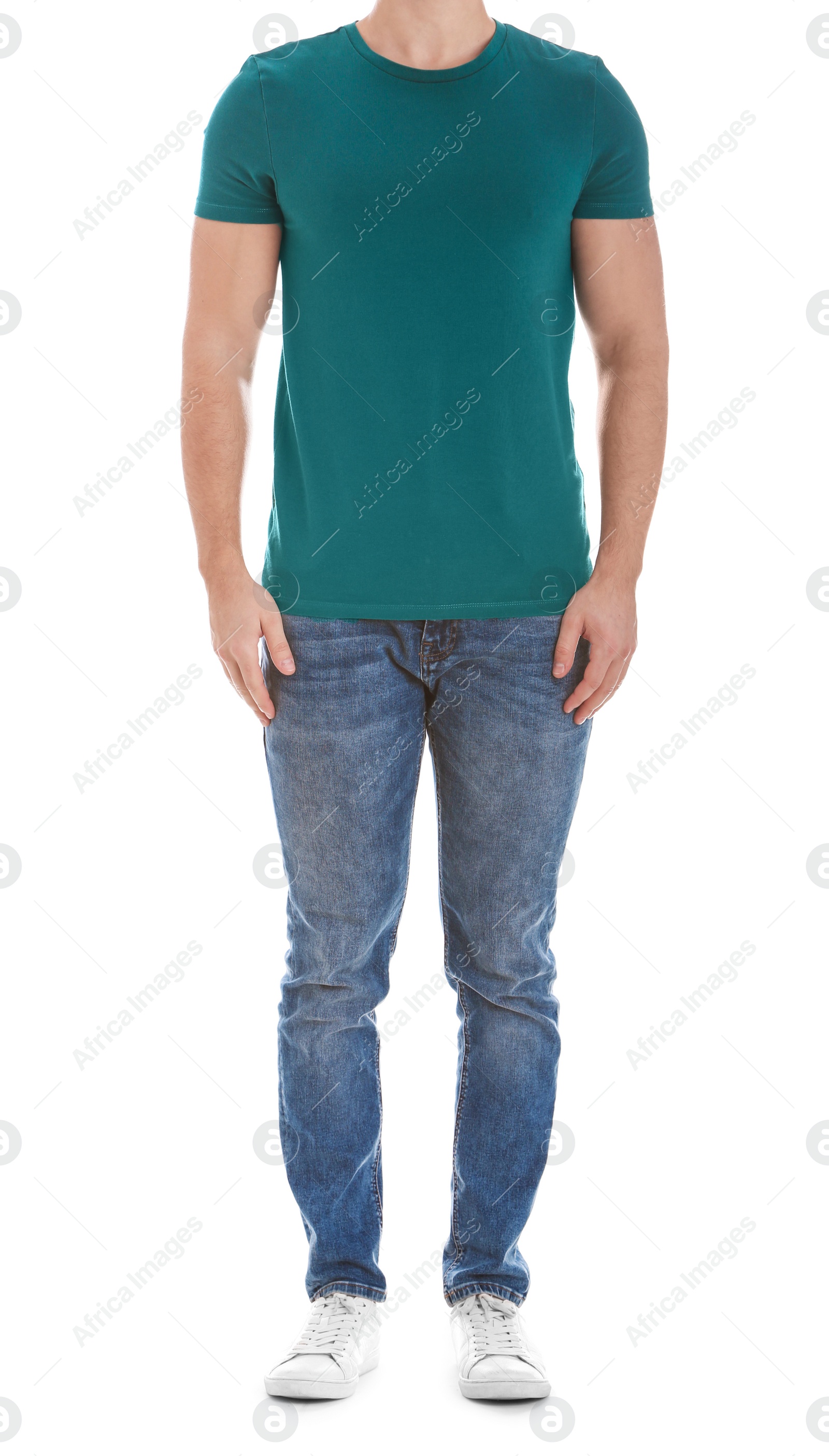 Photo of Young man on white background, closeup. Weight loss