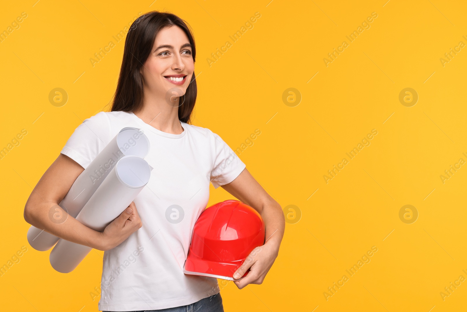 Photo of Architect with hard hat and drafts on yellow background, space for text