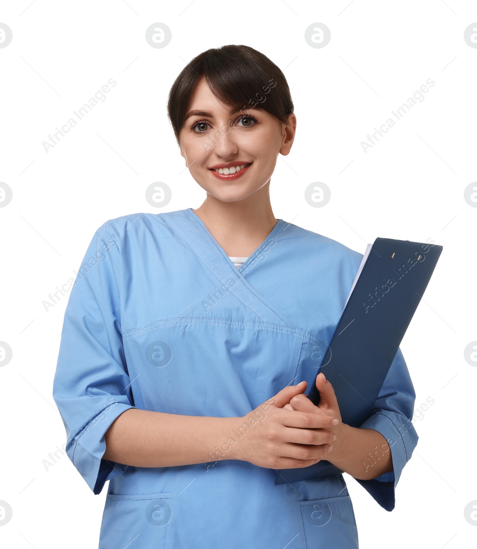 Photo of Portrait of smiling medical assistant with clipboard on white background