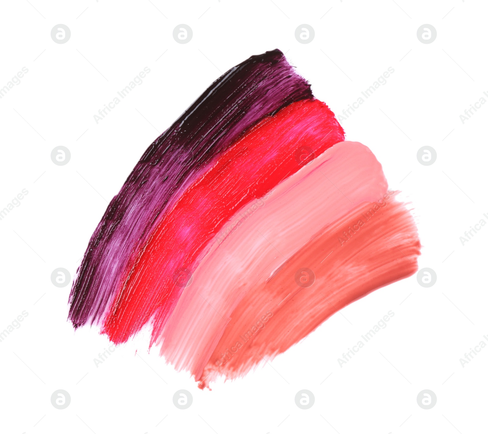 Photo of Strokes of different lip glosses isolated on white, top view