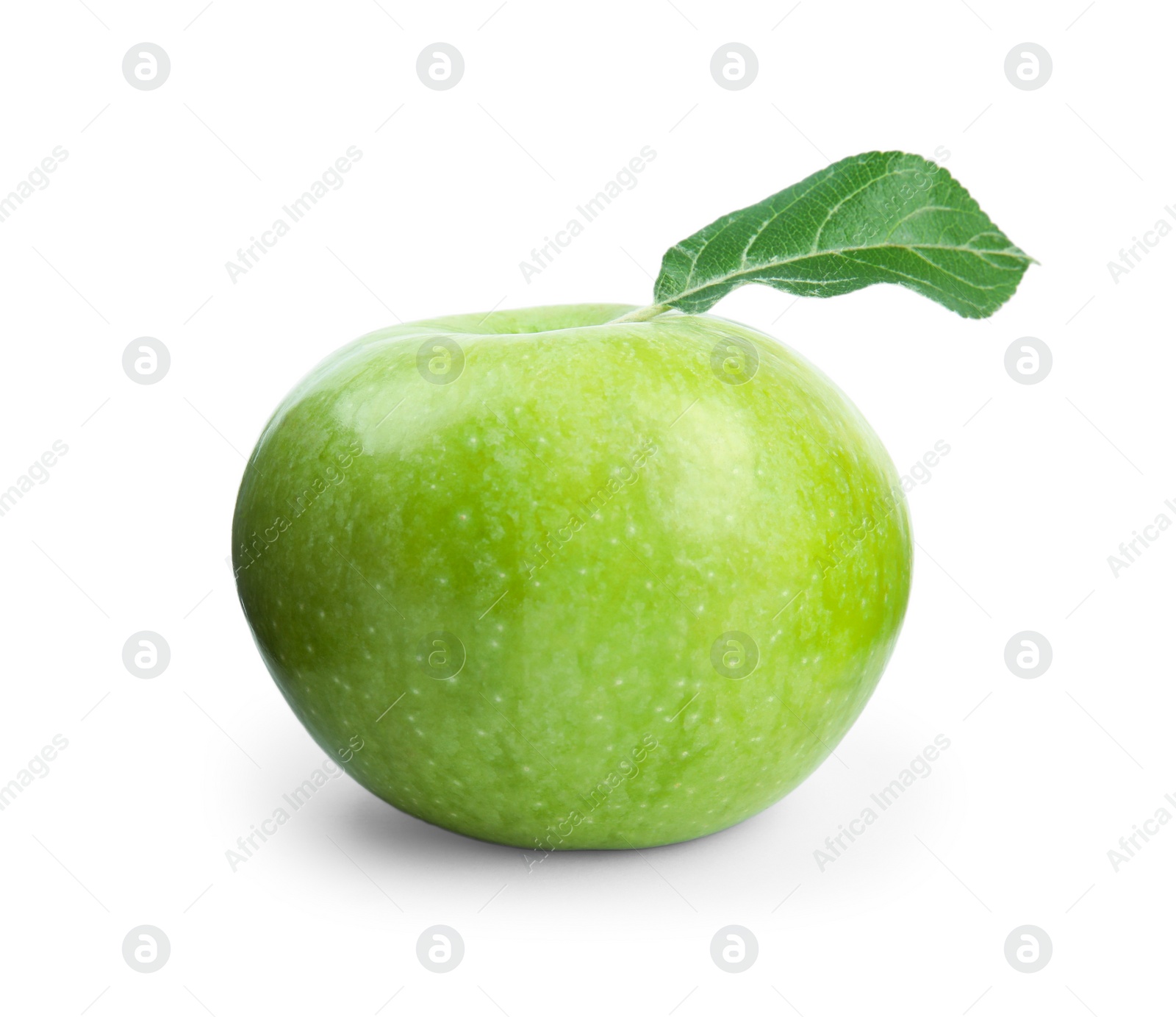 Photo of Fresh ripe green apple with leaf on white background