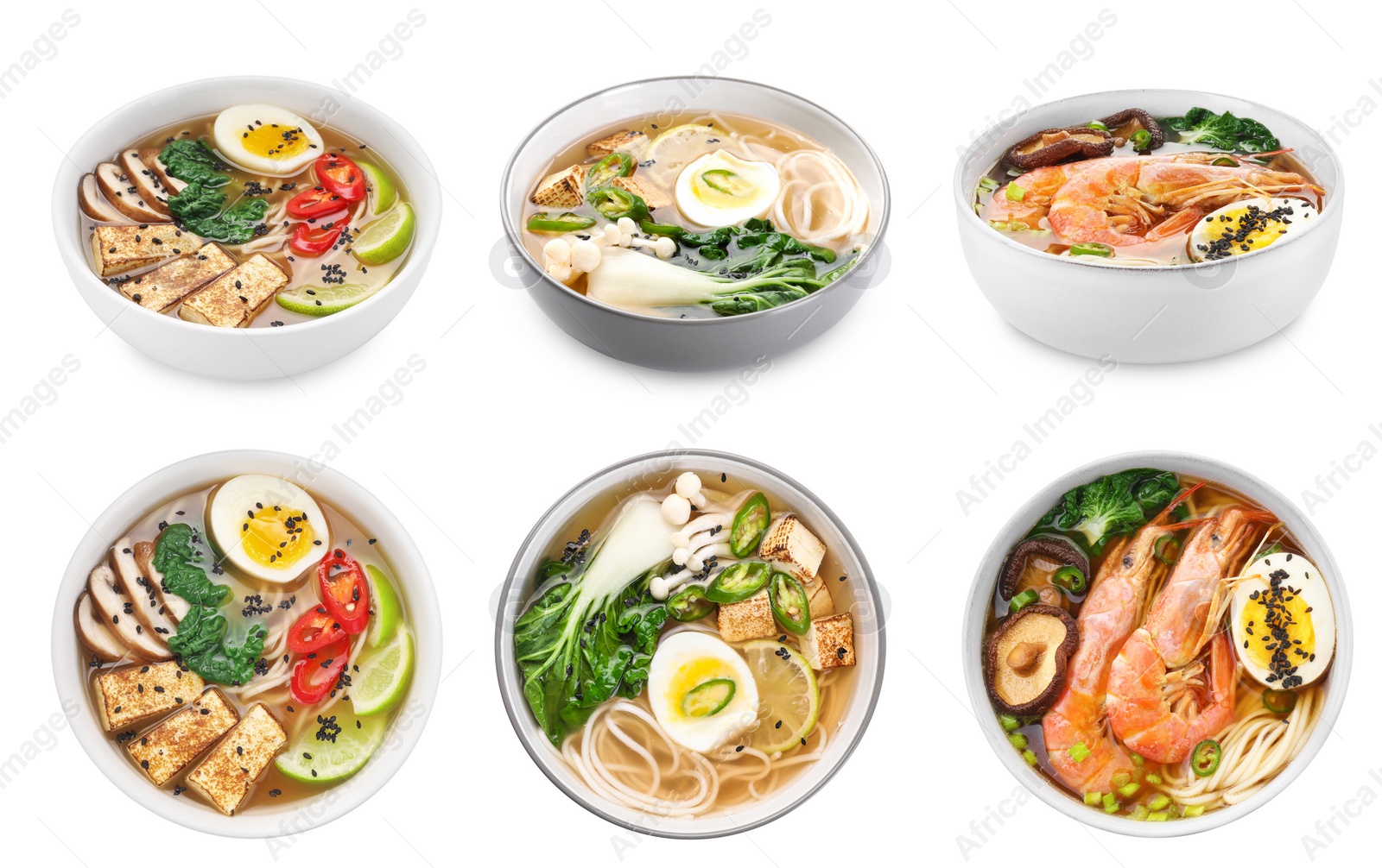 Image of Set with bowls of delicious ramen with different ingredients isolated on white, top and side views. Noodle soup