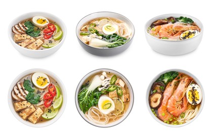 Set with bowls of delicious ramen with different ingredients isolated on white, top and side views. Noodle soup