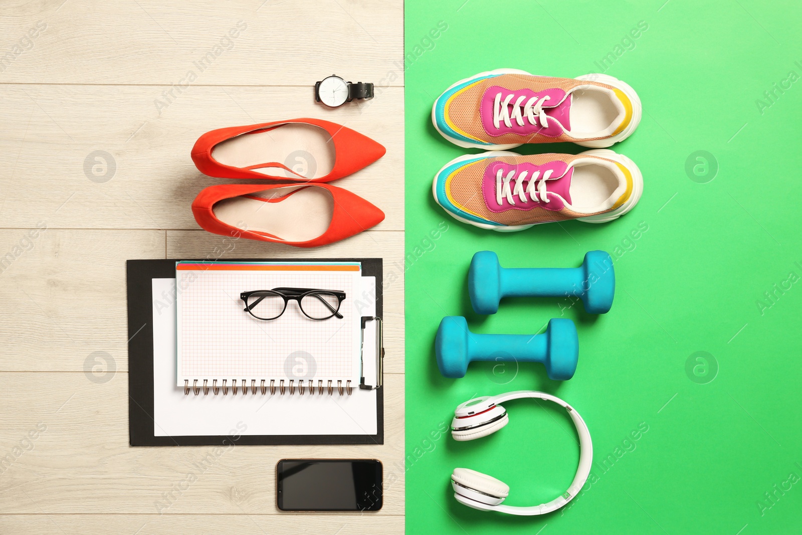 Photo of Flat lay composition with business items and sport accessories on color background. Concept of balance between work and life