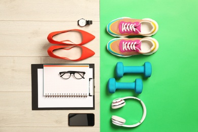 Flat lay composition with business items and sport accessories on color background. Concept of balance between work and life