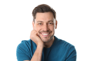 Smiling man with perfect teeth on white background