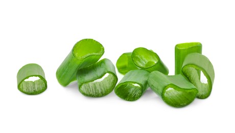 Photo of Chopped fresh green onions on white background