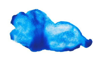 Blot of blue watercolor paint isolated on white, top view