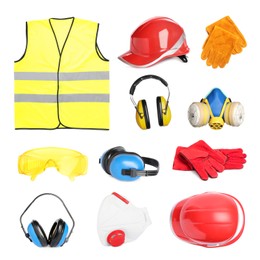 Image of Set with protective workwear on white background. Safety equipment