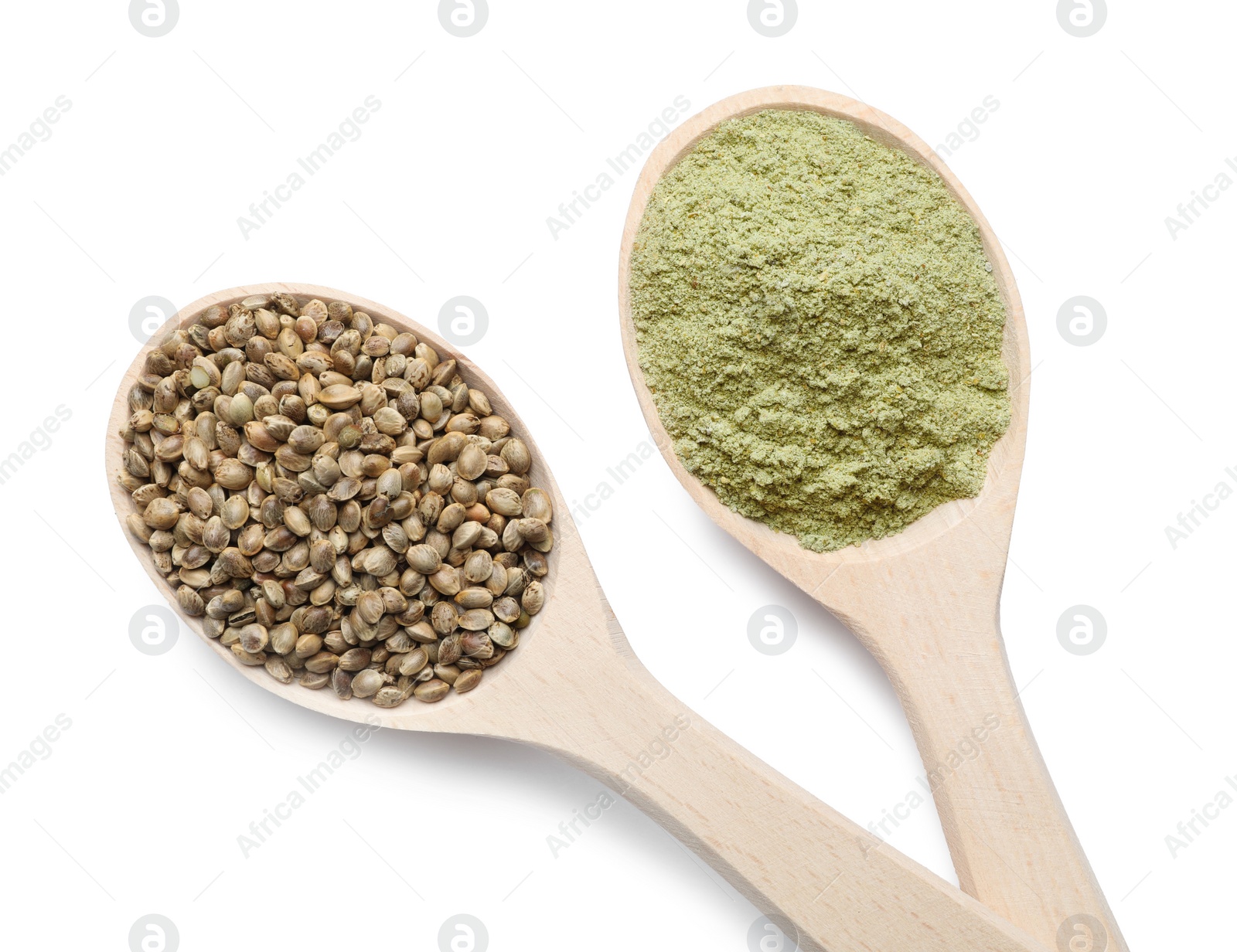 Photo of Spoons of hemp protein powder and seeds isolated on white, top view