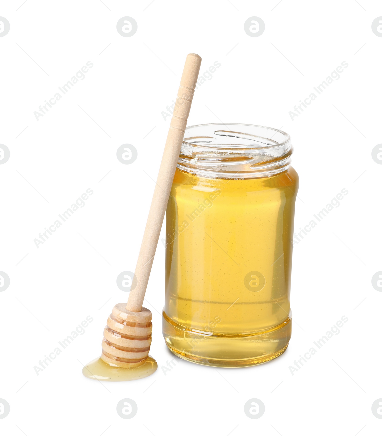 Photo of Tasty honey in glass jar and dipper isolated on white