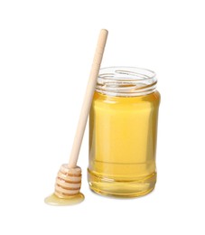 Photo of Tasty honey in glass jar and dipper isolated on white