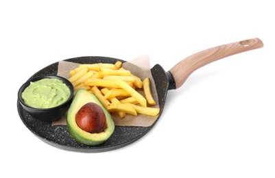Photo of Serving pan with delicious french fries and avocado dip isolated on white