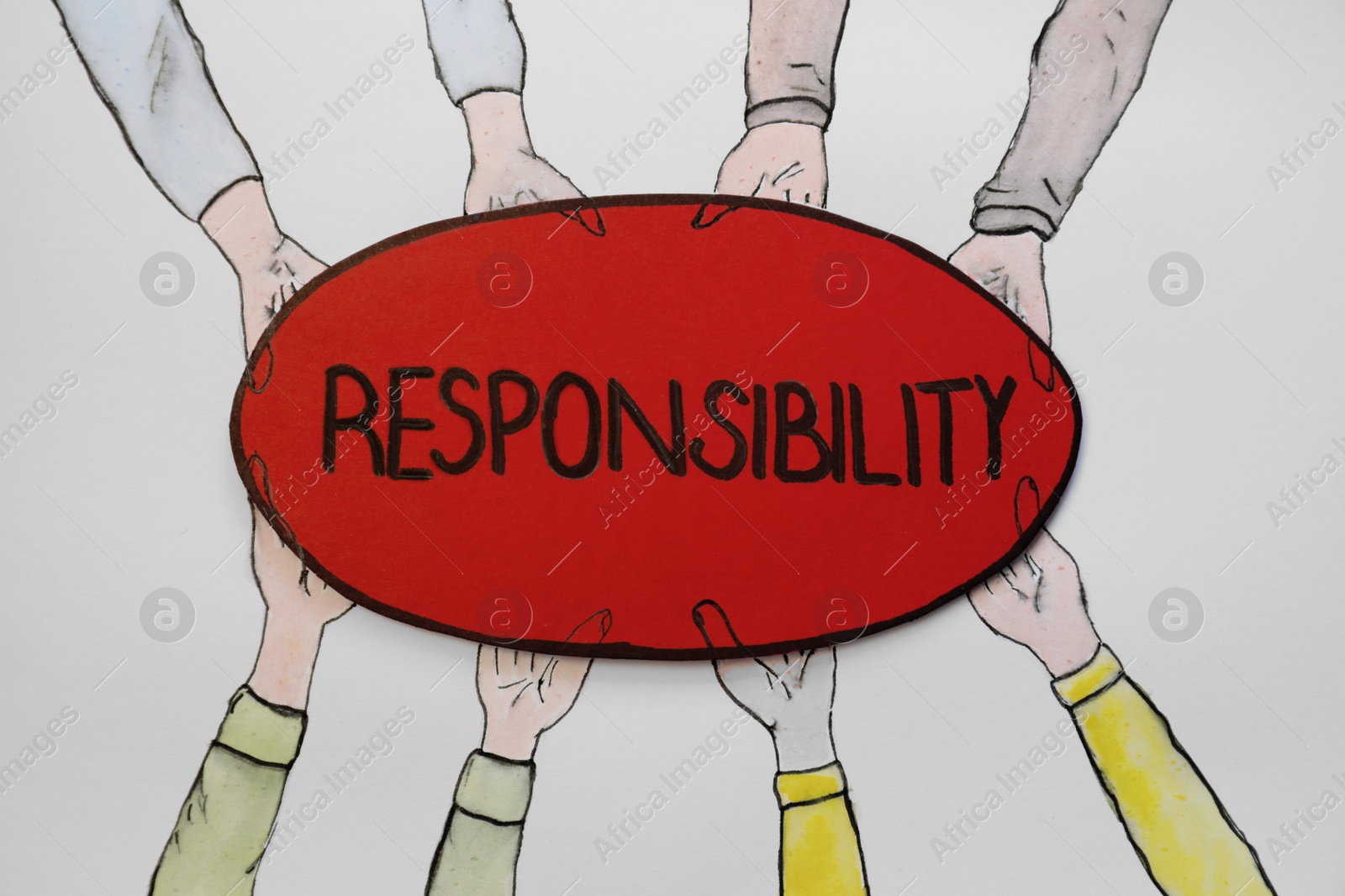 Photo of Drawing of people holding card with word Responsibility on white background, top view
