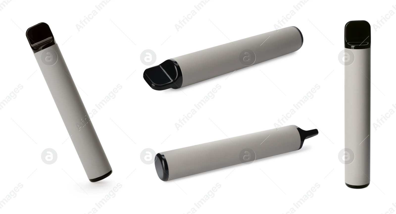 Image of Set with electronic smoking devices on white background